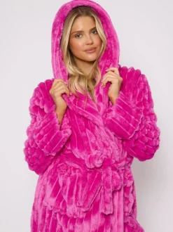 Loungeable Plush Ridged Fleece Midi Hooded Dressing Gown