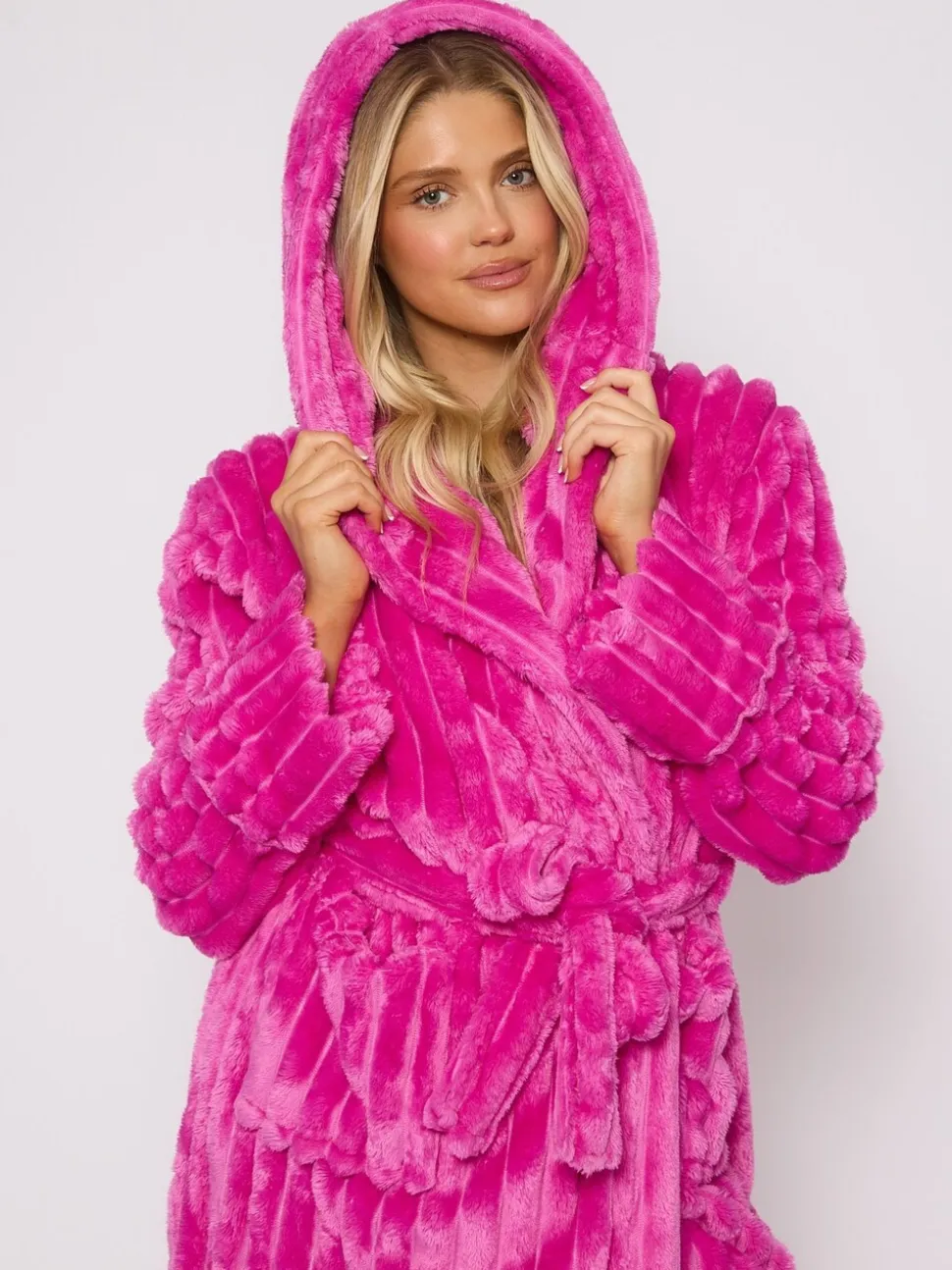 Loungeable Plush Ridged Fleece Midi Hooded Dressing Gown