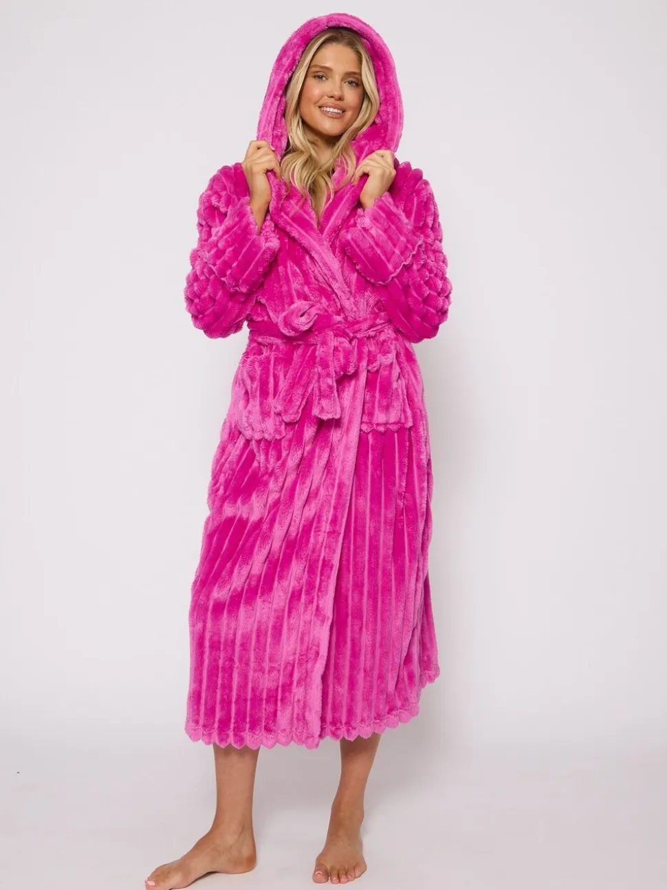 Loungeable Plush Ridged Fleece Midi Hooded Dressing Gown