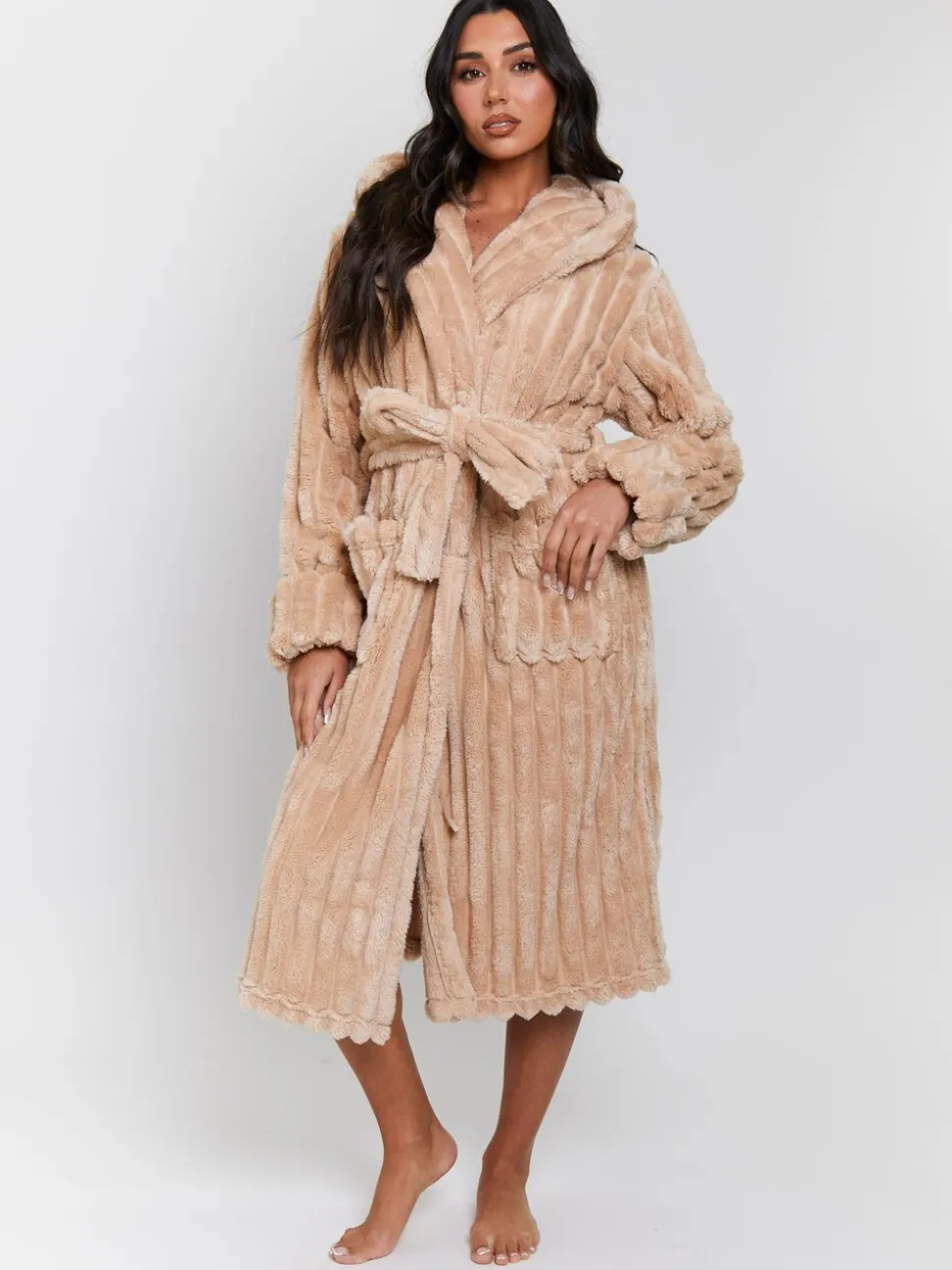 Loungeable Plush Ridged Fleece Midi Hooded Dressing Gown