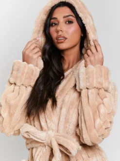Loungeable Plush Ridged Fleece Midi Hooded Dressing Gown