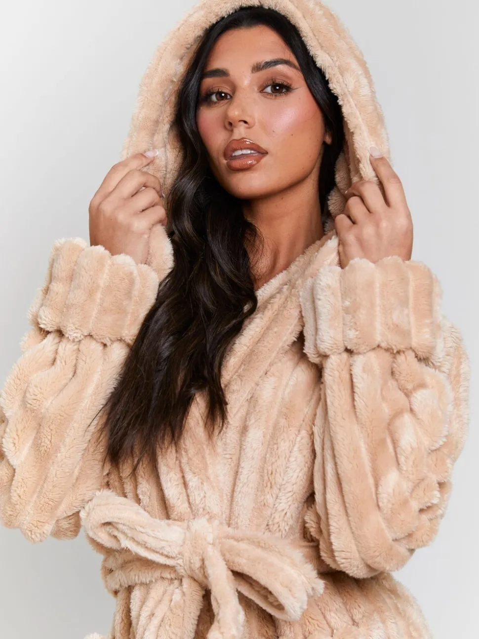 Loungeable Plush Ridged Fleece Midi Hooded Dressing Gown