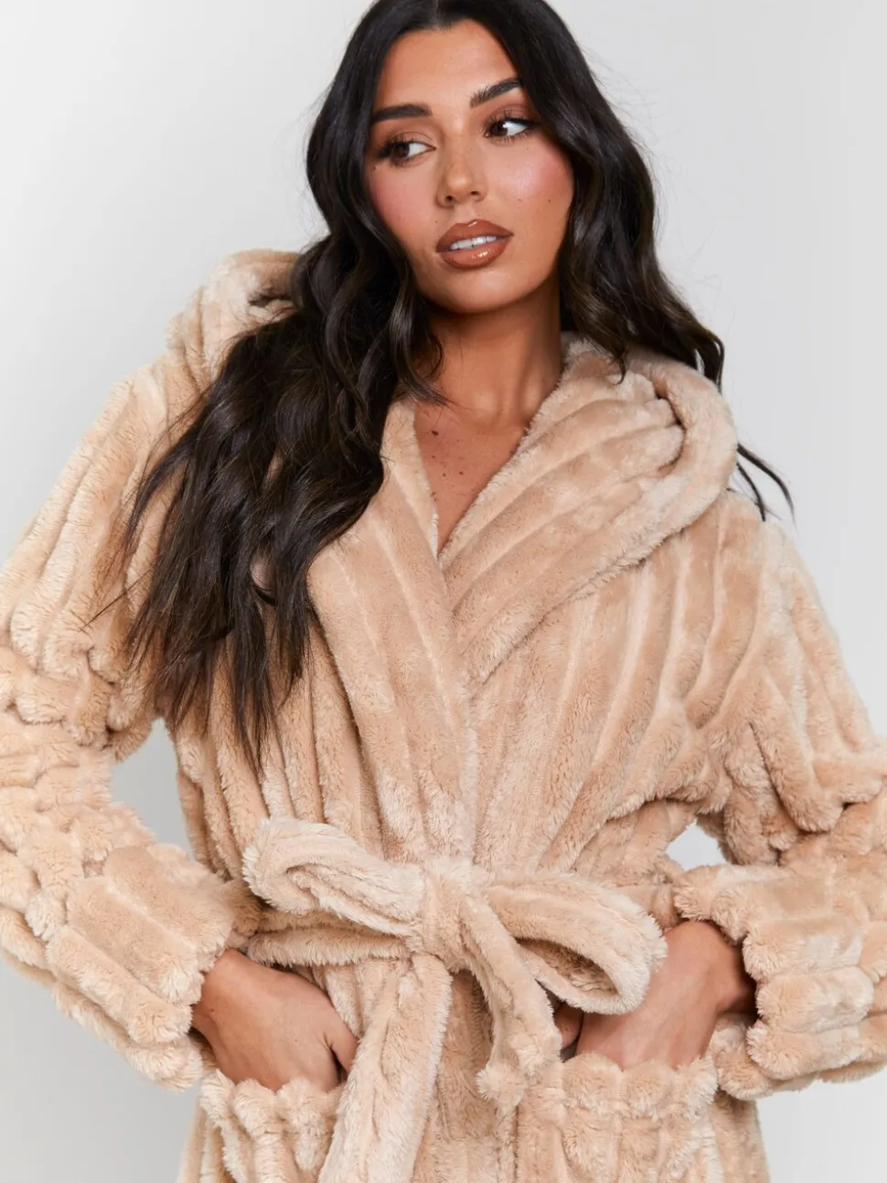 Loungeable Plush Ridged Fleece Midi Hooded Dressing Gown