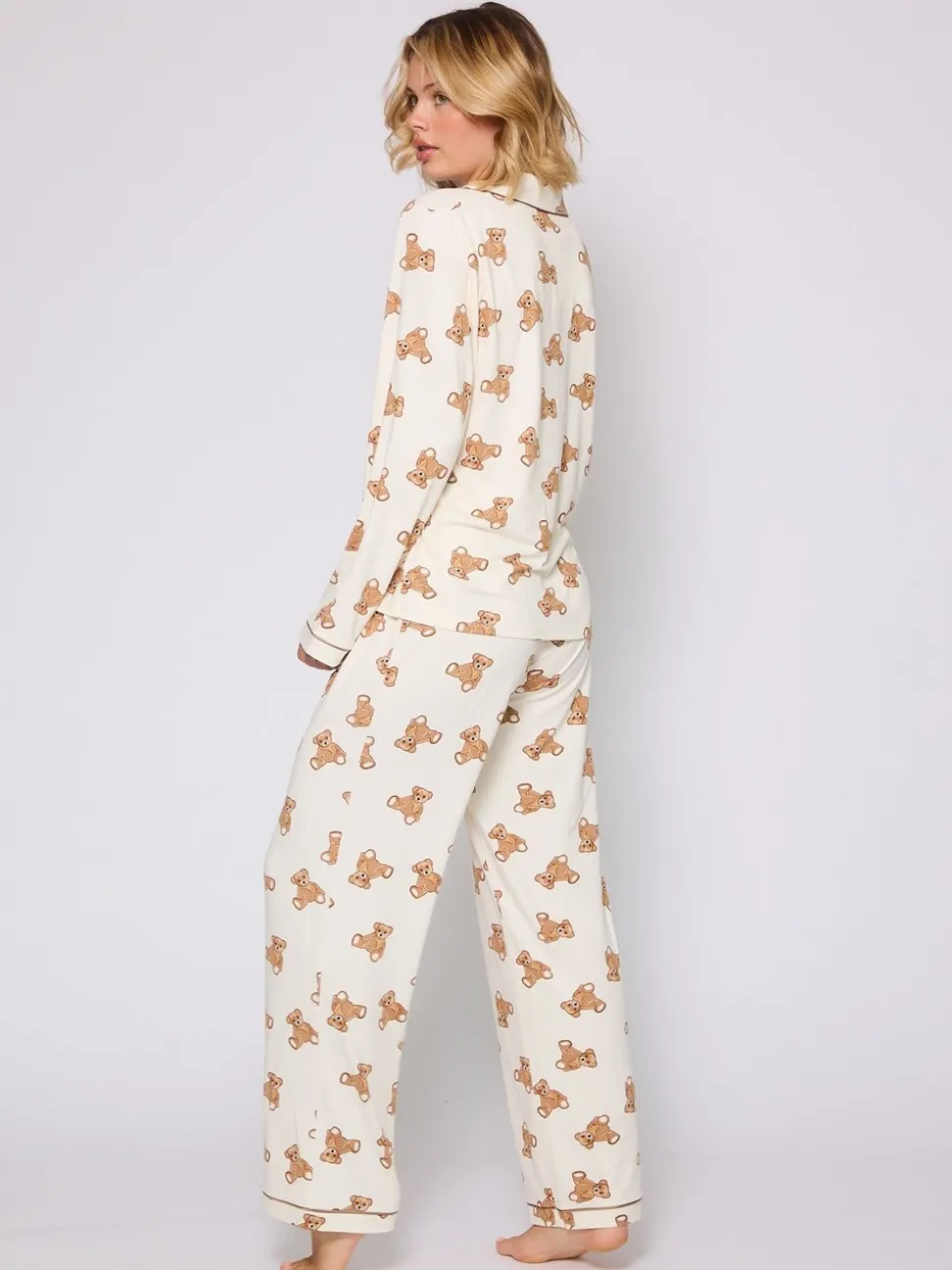 Loungeable Teddy Bear Print Soft Long Button Through Pyjama Set