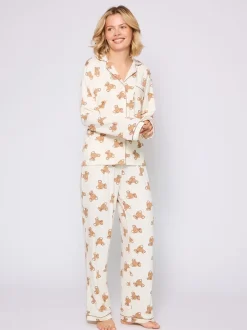 Loungeable Teddy Bear Print Soft Long Button Through Pyjama Set