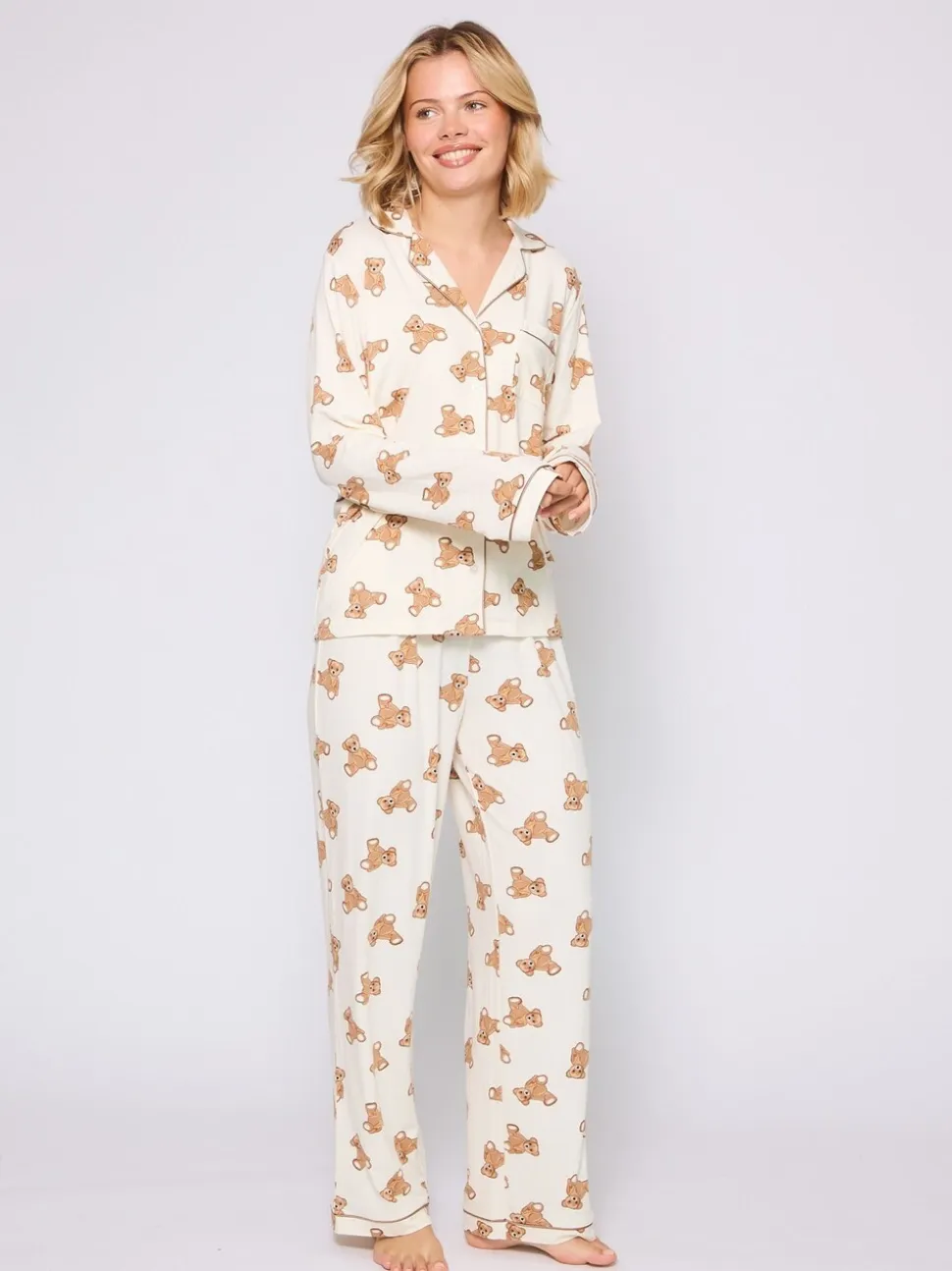 Loungeable Teddy Bear Print Soft Long Button Through Pyjama Set