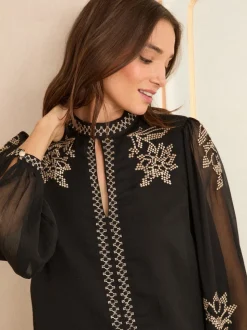 Love & Roses - Hoogsluitende blouse met lange mouwen