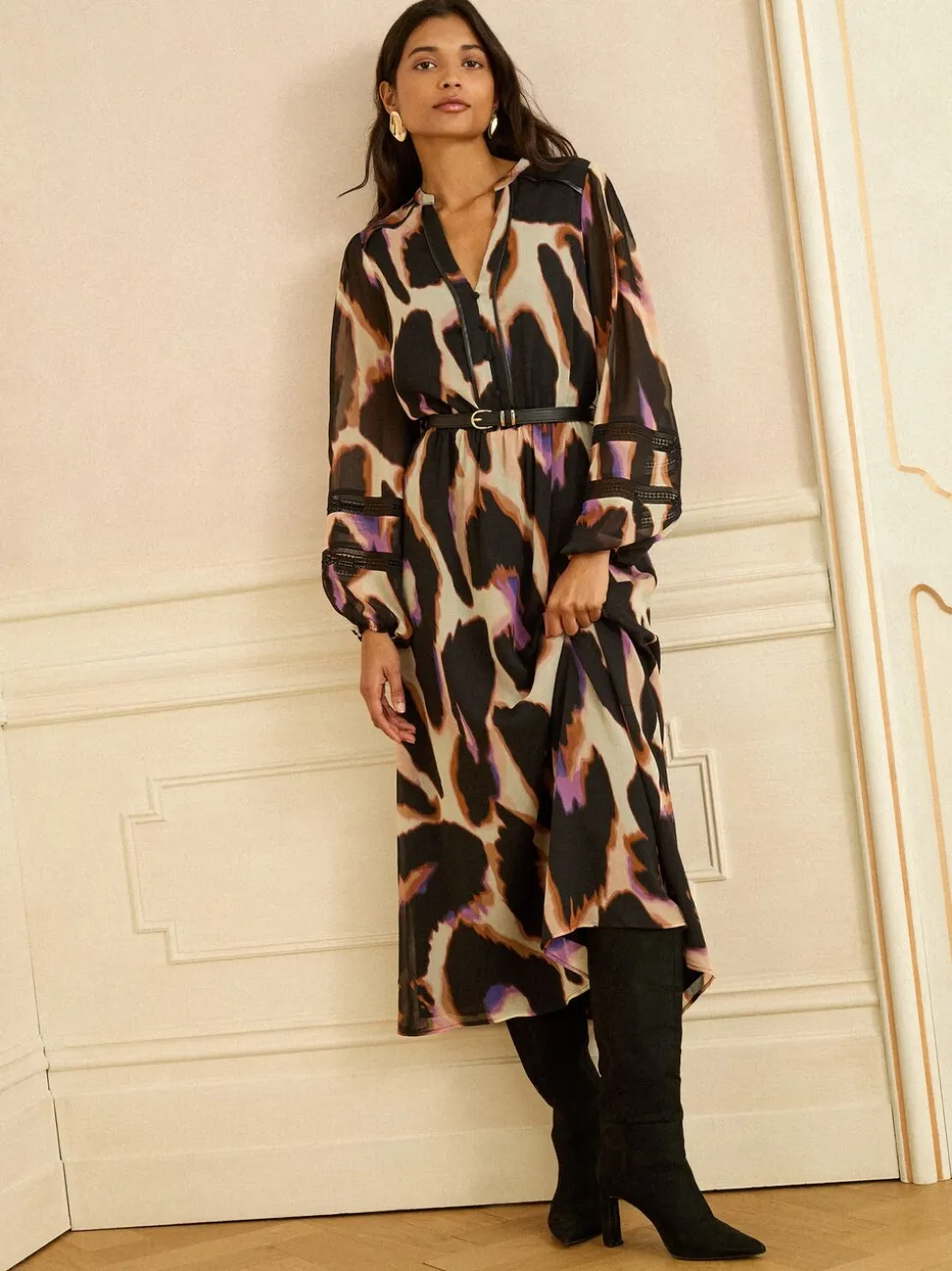 Love & Roses Animal PU Trim Midi Dress