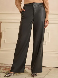 Love & Roses Button Detail Faux Leather Wide Leg Trousers