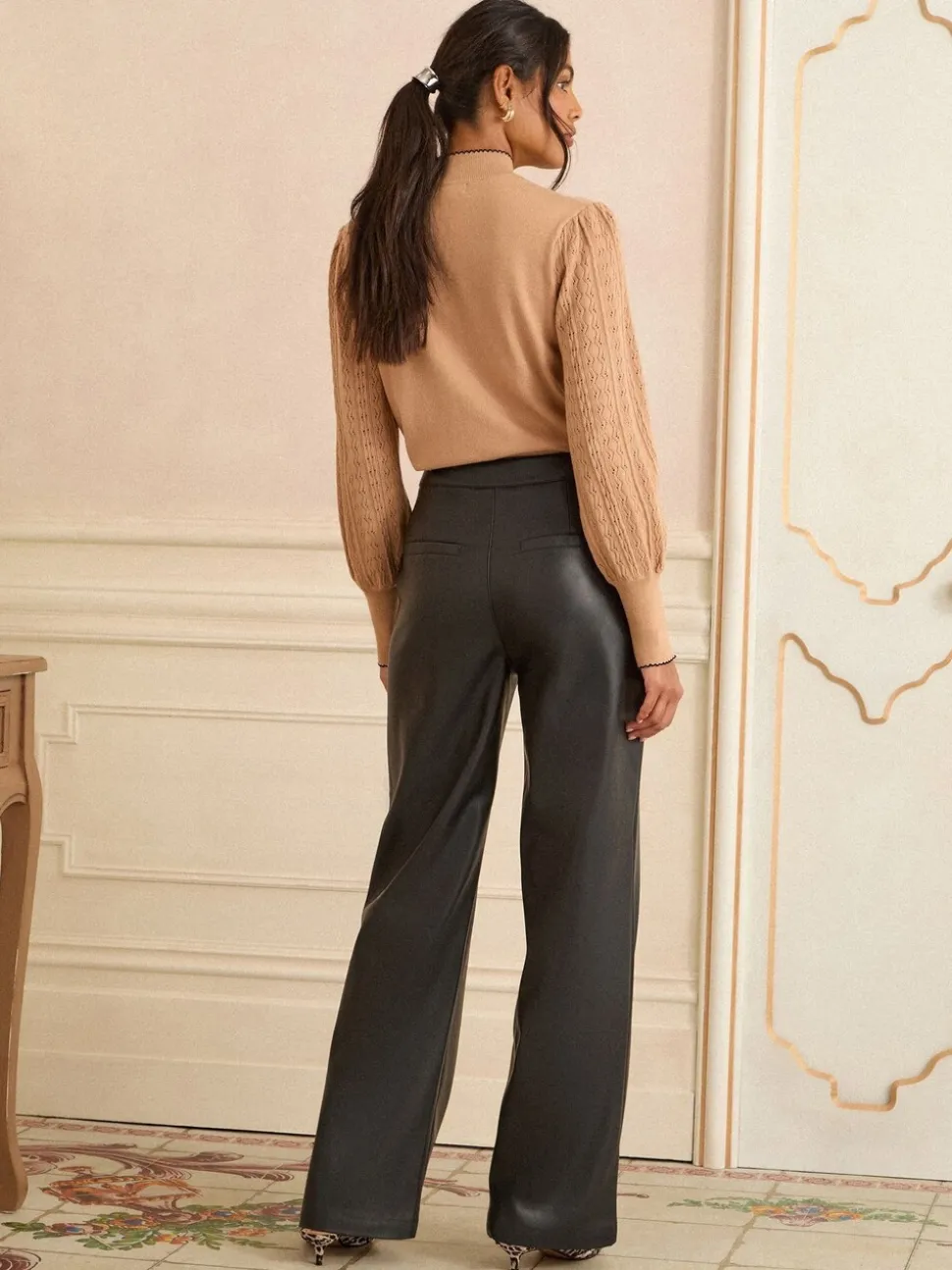 Love & Roses Button Detail Faux Leather Wide Leg Trousers