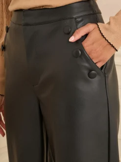 Love & Roses Button Detail Faux Leather Wide Leg Trousers