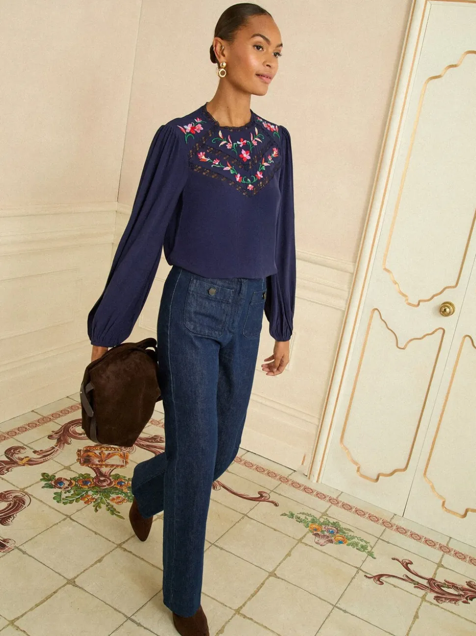 Love & Roses Embroidered Crew Neck Long Sleeve Blouse
