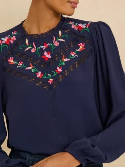 Love & Roses Embroidered Crew Neck Long Sleeve Blouse