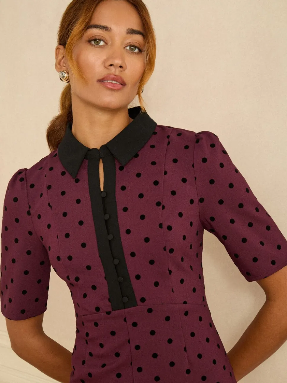 Love & Roses Flocked Spot Short Sleeve Midi Dress