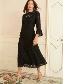 Love & Roses Lace Flute Sleeve Midi Dress