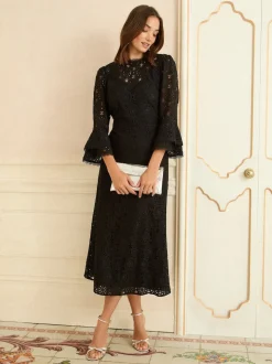 Love & Roses Lace Flute Sleeve Midi Dress
