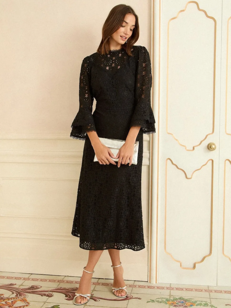 Love & Roses Lace Flute Sleeve Midi Dress
