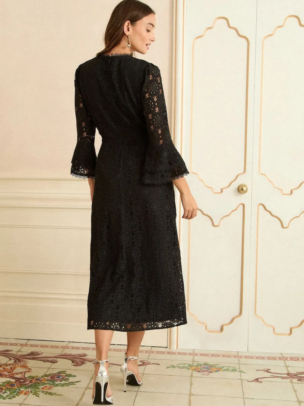 Love & Roses Lace Flute Sleeve Midi Dress