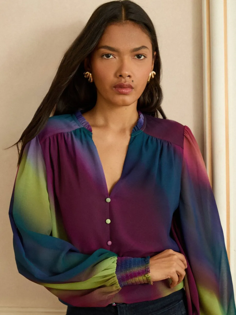 Love & Roses Long Sleeve Notch Neck Blouse