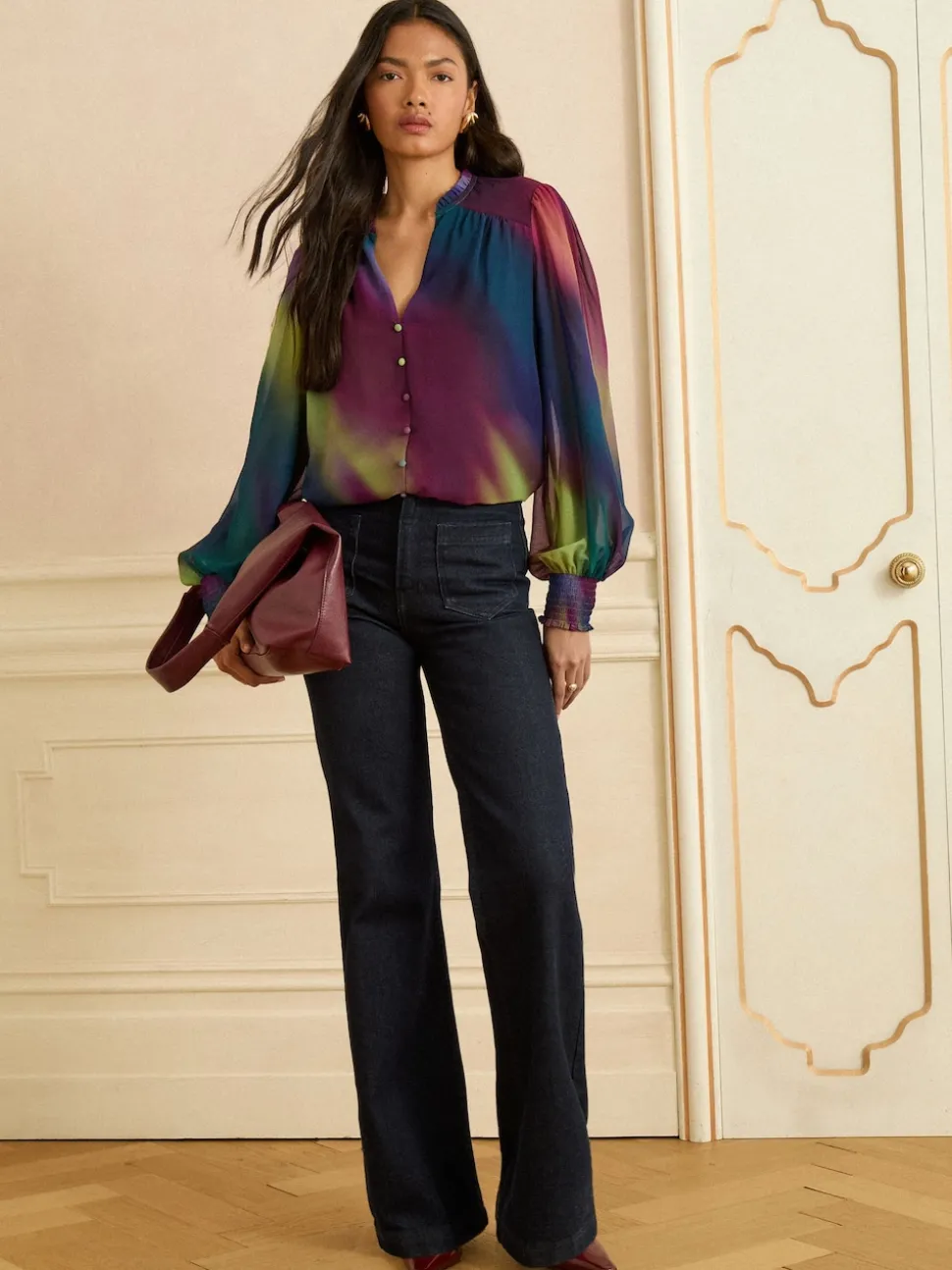 Love & Roses Long Sleeve Notch Neck Blouse