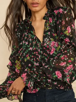 Love & Roses Notch Neck Frill Cuff Blouse
