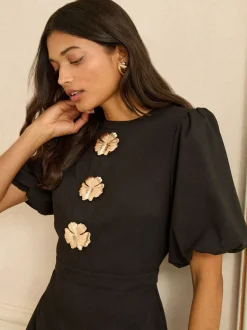 Love & Roses Puff Sleeve Gold Button Mini Dress