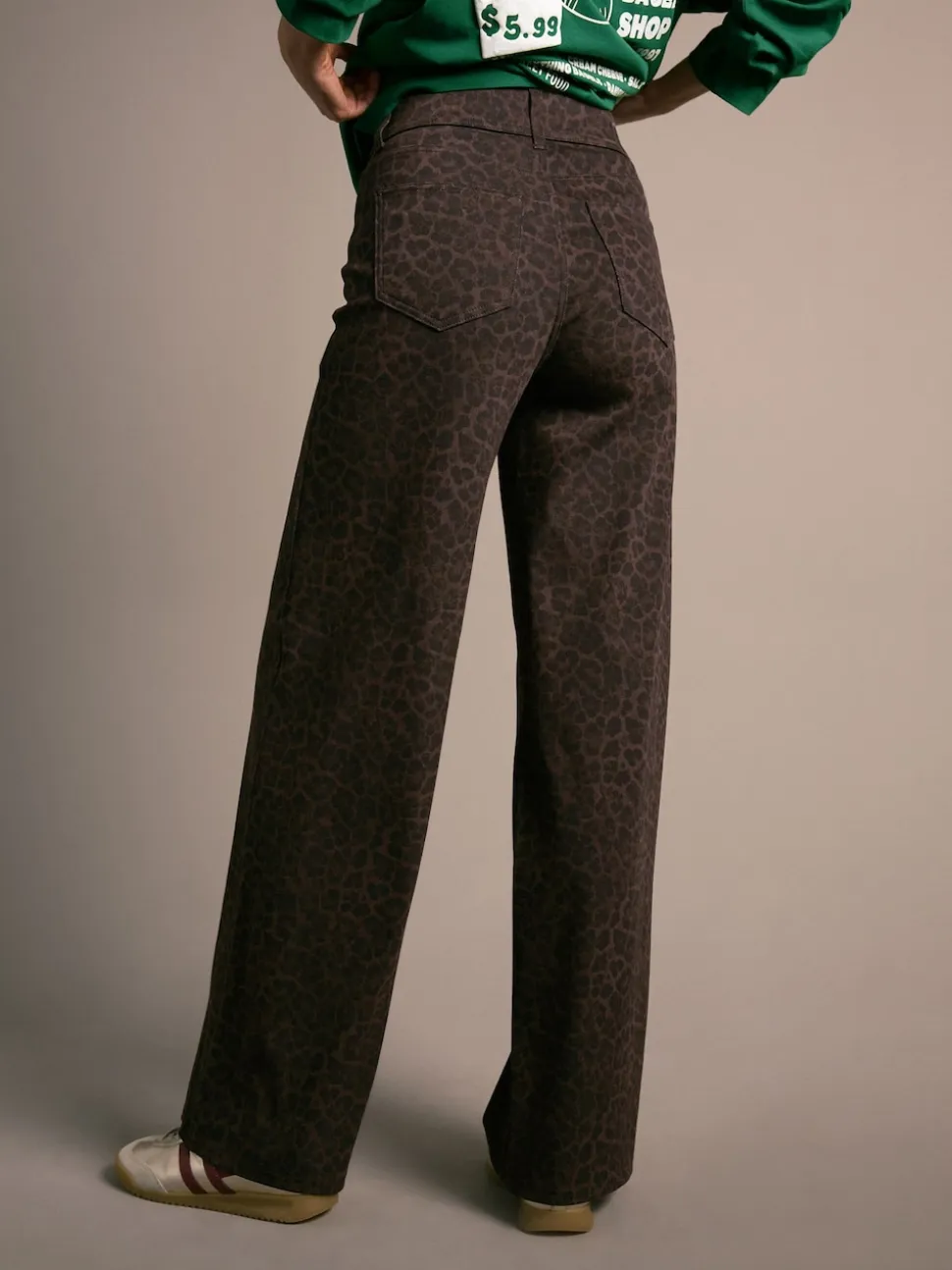 Luipaardprint - Jersey denim broek met wijde pijpen