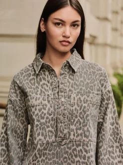 Luipaardprint - Mini Long Sleeve Utility Denim Dress