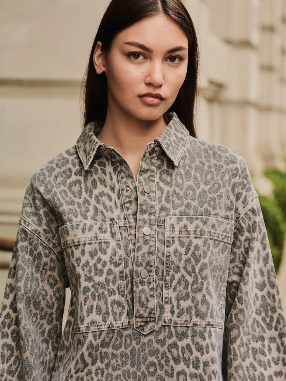 Luipaardprint - Mini Long Sleeve Utility Denim Dress