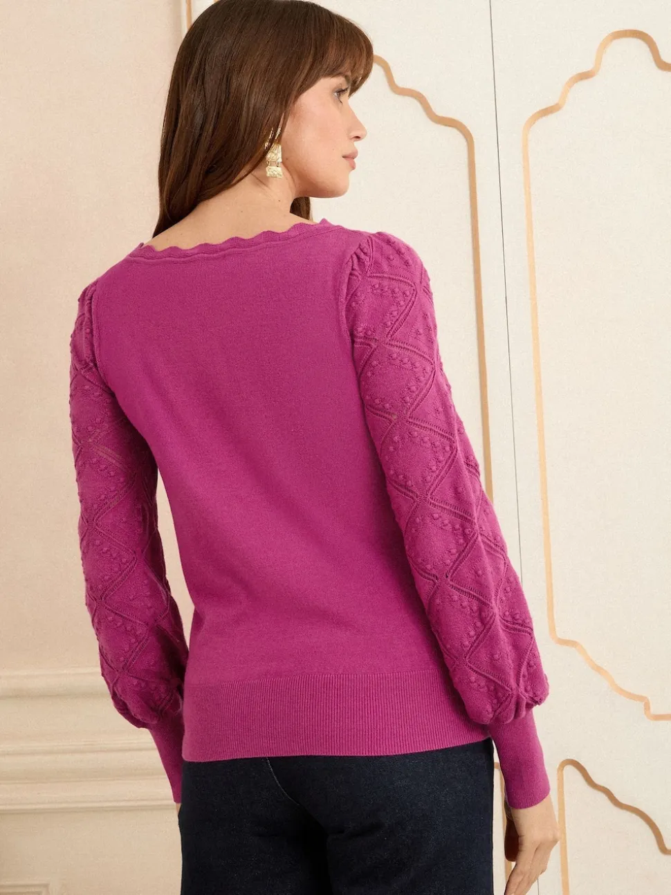 Magenta-roze - Love & Roses gebreide trui met noppensteek en geschulpte rand