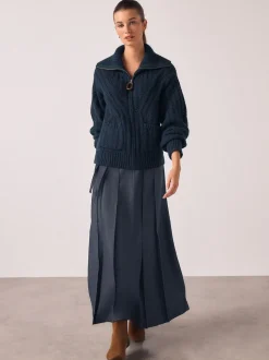 Marineblauw - Belted Denim Look Midi Kilt