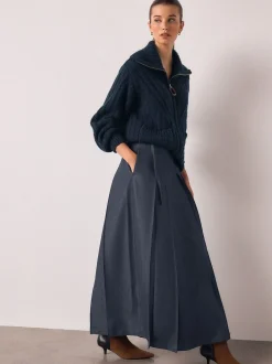 Marineblauw - Belted Denim Look Midi Kilt