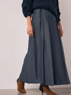Marineblauw - Belted Denim Look Midi Kilt