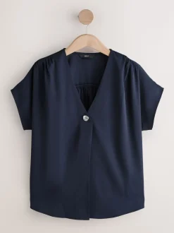 Marineblauw - Blouse met V-hals en korte mouwen