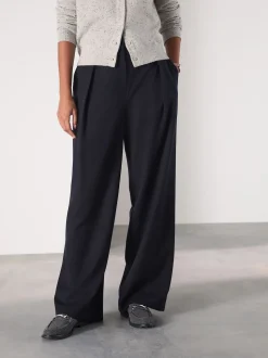 Marineblauw - Elastic Back Wide Leg Trousers With Wool