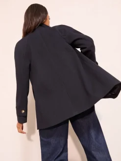 Marineblauw - Friends Like These Funnel Neck Button Front Mid Length Coat