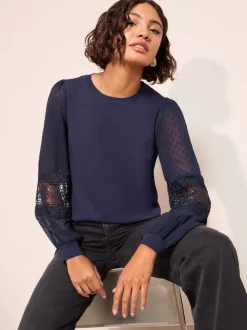 Marineblauw - Friends Like These Woven Sleeve Knitted Top