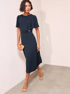 Marineblauw - Friends Like These Tulip Sleeve Wrap Front Tailored Midi Dress