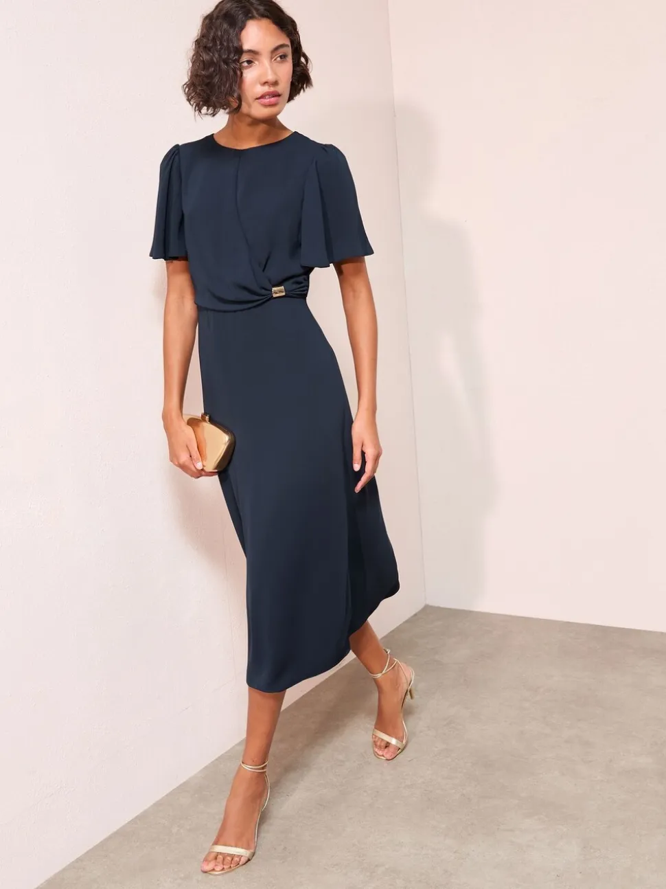 Marineblauw - Friends Like These Tulip Sleeve Wrap Front Tailored Midi Dress