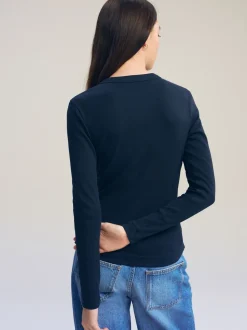 Marineblauw - Geribbelde top met ronde hals en lange mouwen