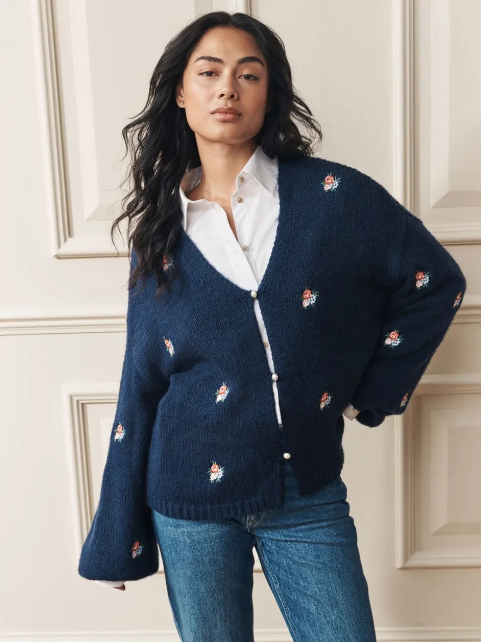 Marineblauw - Laura Ashley Embroidered Floral Cardigan