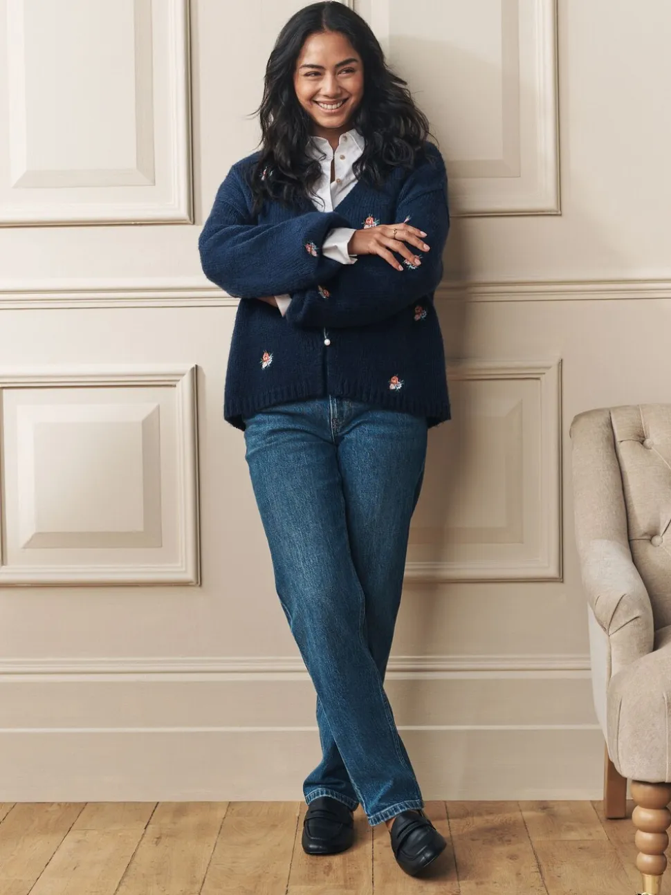 Marineblauw - Laura Ashley Embroidered Floral Cardigan