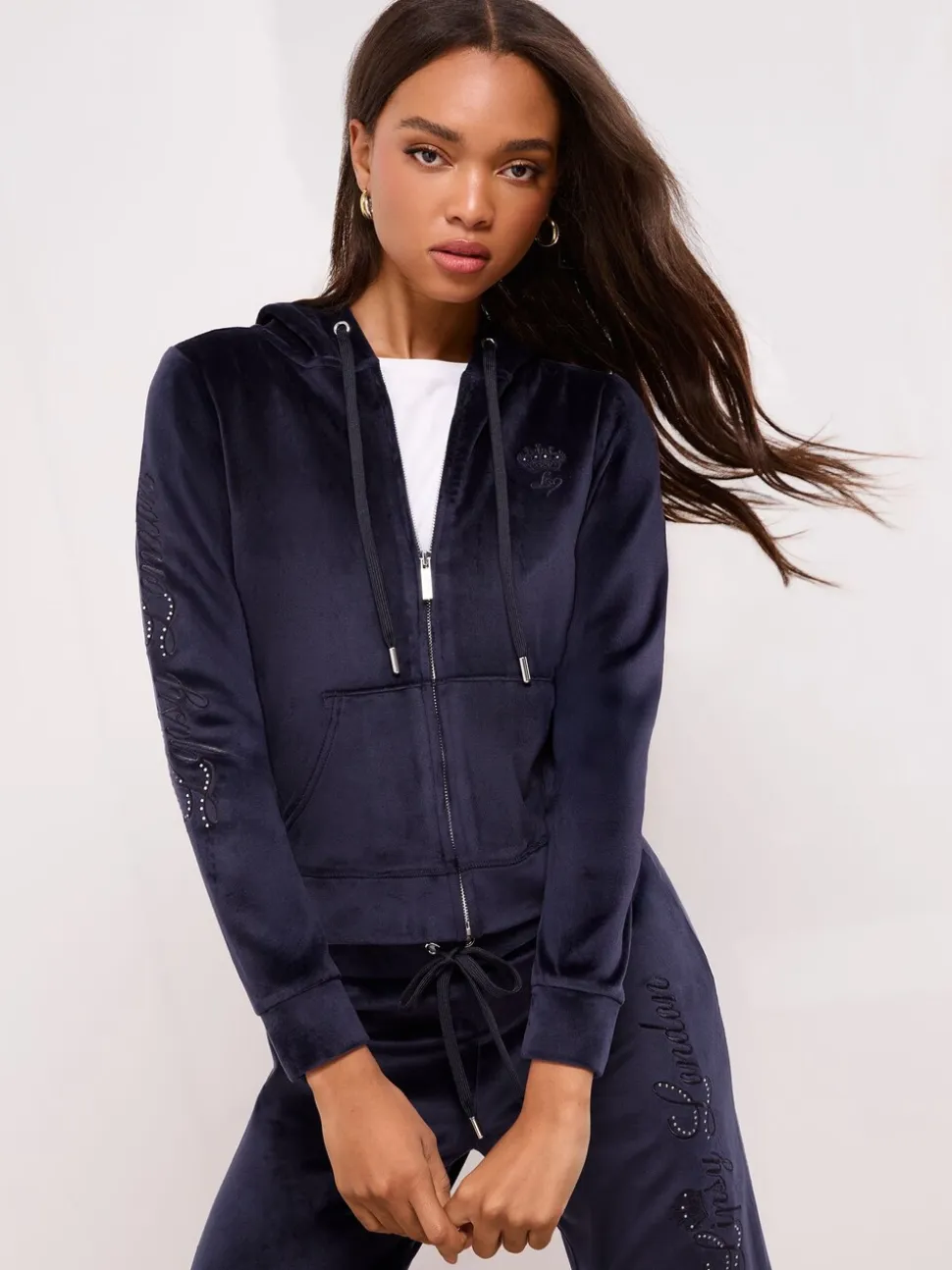 Marineblauw - Lipsy - Geborduurde velours hoodie met rits