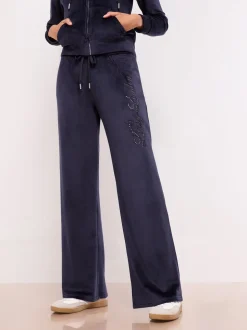 Marineblauw - Lipsy Geborduurde Velours Joggingbroek met Wijde Pijpen en Relaxte Pasvorm
