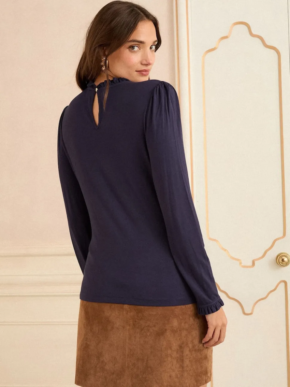 Marineblauw - Love & Roses jersey top met ruches aan de hals en lange mouwen