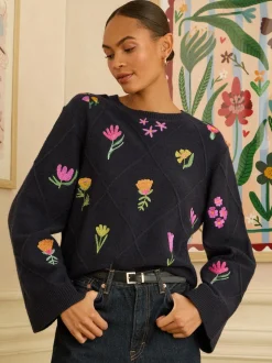 Marineblauw - Love & Roses Embroidered Detail Knitted Jumper