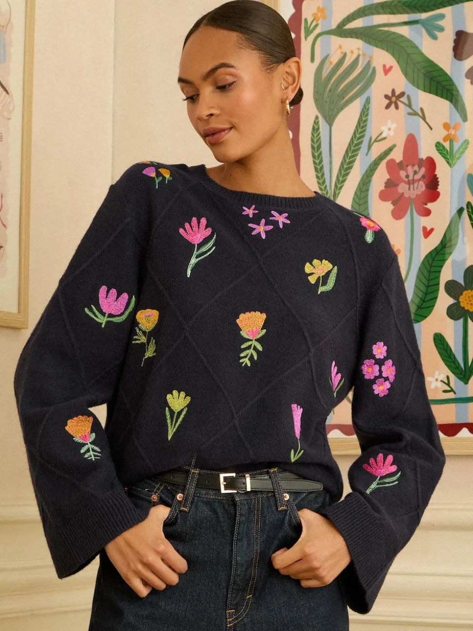 Marineblauw - Love & Roses Embroidered Detail Knitted Jumper
