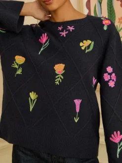 Marineblauw - Love & Roses Embroidered Detail Knitted Jumper