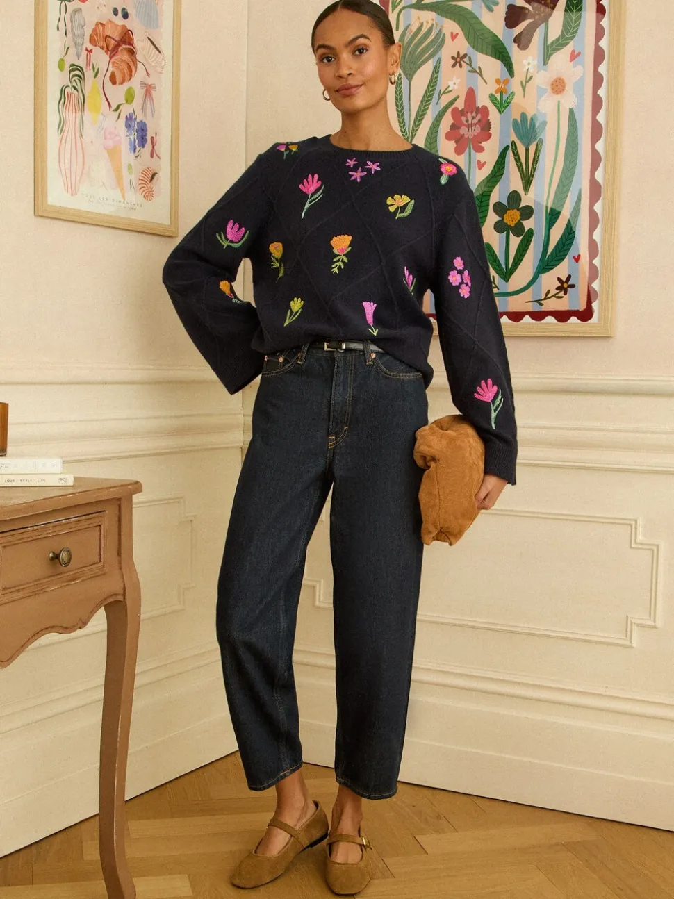 Marineblauw - Love & Roses Embroidered Detail Knitted Jumper