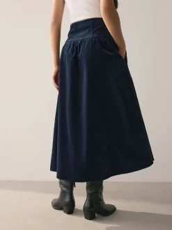 Marineblauw - Midi rok van corduroy met verlaagde taille
